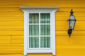 Lamps In House. White House Window with Green Curtain and Wall Lamps on Yellow Wooden Resident