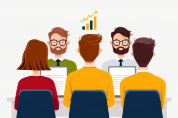 Obraz premium Team meeting with projector, sharing slides, flat design illustration