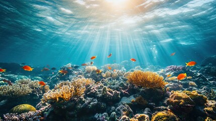 Obraz premium Vibrant Coral Reef Teeming with Marine Life in Crystal-Clear Turquoise Waters with Sunlight Rays. AI generated illustration