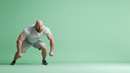 Determined Heavyset Man Doing Mountain Climber Exercise Against Green Background with Copy Space Above, Generative AI