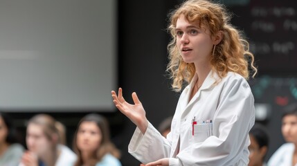 A young woman in a lab coat passionately shares her research with students during a seminar