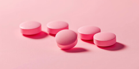 Pink Tablets on Soft Pink Background - Pharmaceutical Medicine Close-up