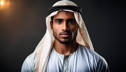 Obraz premium The Essence of Arabian Dignity A portrait of a young Arab man, his gaze steady and proud, embodying traditional elegance and strength.