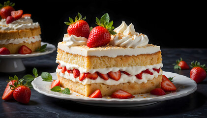 Strawberry Shortcake Slice with Cream on Black Background