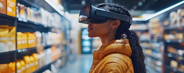 Shopper exploring a virtual store in VR, where they can pick up products and check out, showcasing the future of retail with interactive content