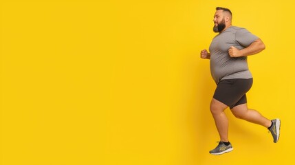 Active Lifestyle Concept - Overweight Man Jogging in Place on Yellow Background with Copy Space for Text, Cardio Workout and Home Exercise Motivation, Generative AI