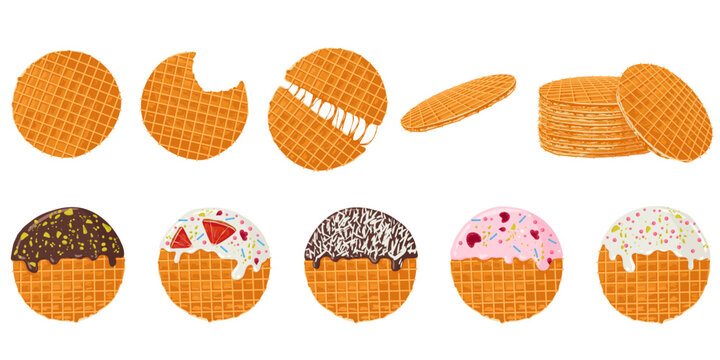Stroopwafels cookies set. Sweet dutch bakery and pastry desserts with sprinkles. Vector isolated illustrations of holland waffles with caramel for menu designs, prints, stickers