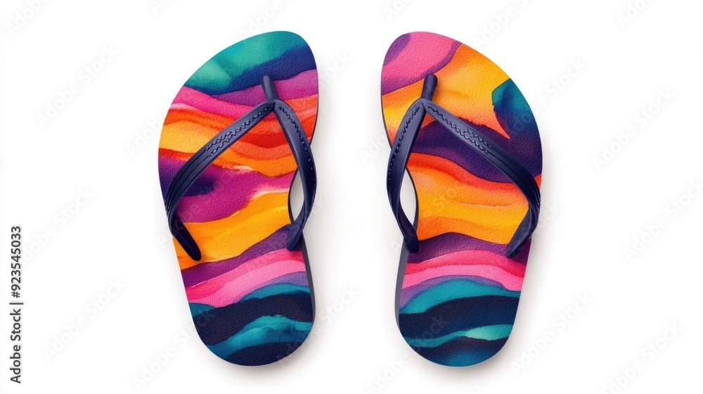 Poster vibrant and groovy retro style watercolor flip flops with psychedelic and abstract patterns isolated