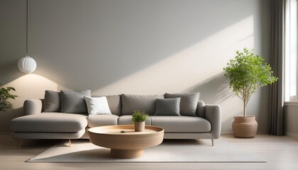 Tranquil Minimalist Lounge A serene and stylish living space with a plush grey sofa, a circular coffee table, and a potted plant, bathed in soft, natural light.
