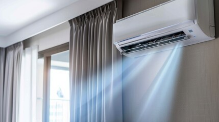 Photo of an energy-saving air conditioner in a modern living room.