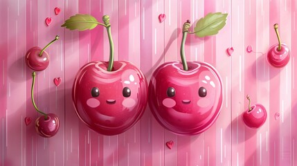 Two adorable cartoon cherries with smiling faces sit on a pink backdrop adorned with tiny hearts, exuding a cheerful and playful vibe