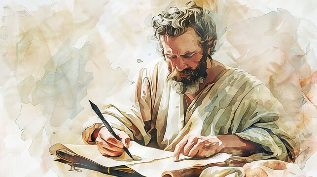 Gospel Writing: Apostle Matthew with Quill and Parchment - Biblical Illustration with Beige Background and Copyspace
