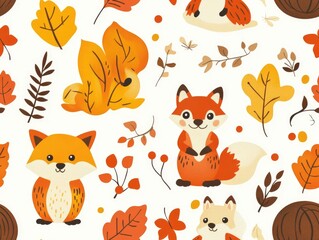 Seamless patterns featuring adorable woodland animals like foxes squirrels and owls in a cozy rustic autumn setting  Playful and stylized perfect for home decor fashion and graphic design