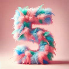 Obraz premium Number 5 crafted from a blend of blue, pink, teal, and white feathers, set against a soft pink background..Concept: Playful typography, delicate and colorful design.
