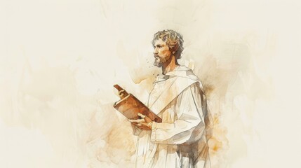 Fototapeta premium Apostolic Mission: Apostle Matthias with Book and Cross - Biblical Illustration with Beige Background and Copyspace