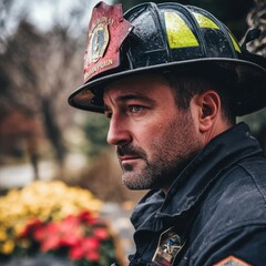 Obraz premium Close-up photo of a police officer who is a young man with determination in his work.
