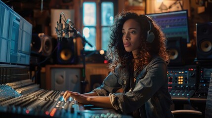Fototapeta premium A woman works diligently at a mixing console in a warm and inviting studio