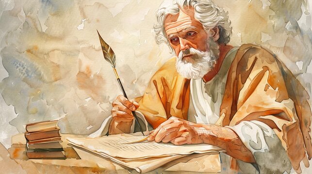 Gospel Writing: Apostle Matthew with Quill and Parchment - Biblical Illustration with Beige Background and Copyspace