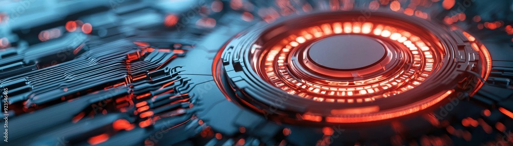 Poster futuristic technology close-up featuring glowing circuits and intricate patterns in vibrant colors, 