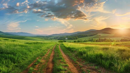 Fototapeta premium Dirt road through green meadows in the mountains.Beautiful natural scenery