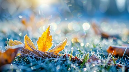 Frozen leaves on a frosted ground with soft morning light cold winter scene