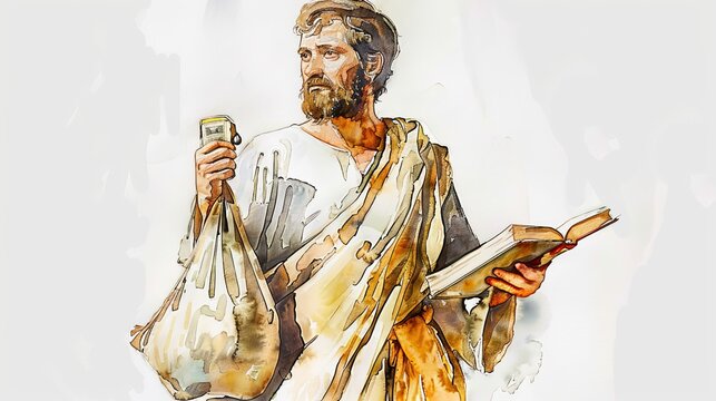 Illustration of Apostle Matthew Holding Money Bag and Book Biblical Scene on Beige Background with Copyspace