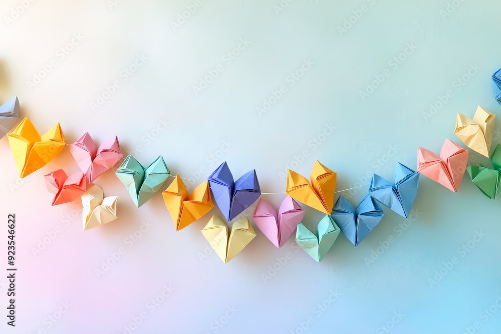 Poster a vibrant arrangement of colorful origami hearts linked together on a gradient pastel background, cr