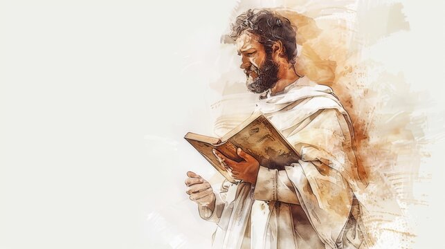 Spreading the Word: Apostle Bartholomew with Gospel - Biblical Illustration with Beige Background and Copyspace