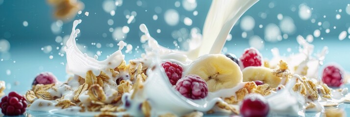 Fresh banana fruit with berries with milk splash closeup macro view