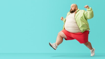 Active Plus-Size Man Engaging in Flutter Kicks with Copy Space on Blue Background, Generative AI