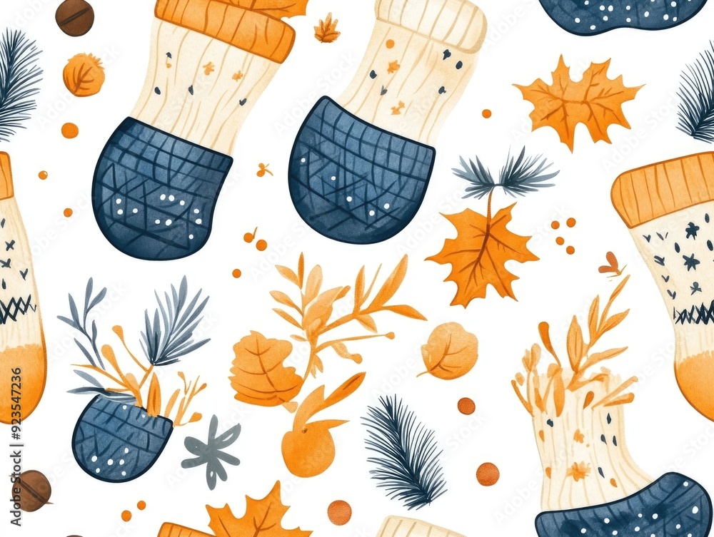Poster seamless patterns of warm woolen socks and cozy blankets in soft autumn colors create a snug and inv