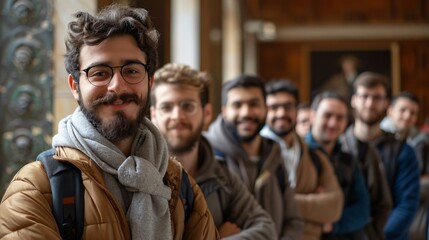 Obraz premium A group of young men stands in line, smiling and chatting while waiting outside a cultural venue in a vibrant, lively atmosphere