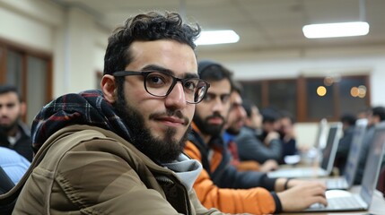 A group of students focuses on their laptops while participating in a study session in a brightly lit computer lab