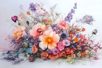 A vibrant watercolor illustration of various colorful flowers creatively arranged in a beautiful display on a light background.