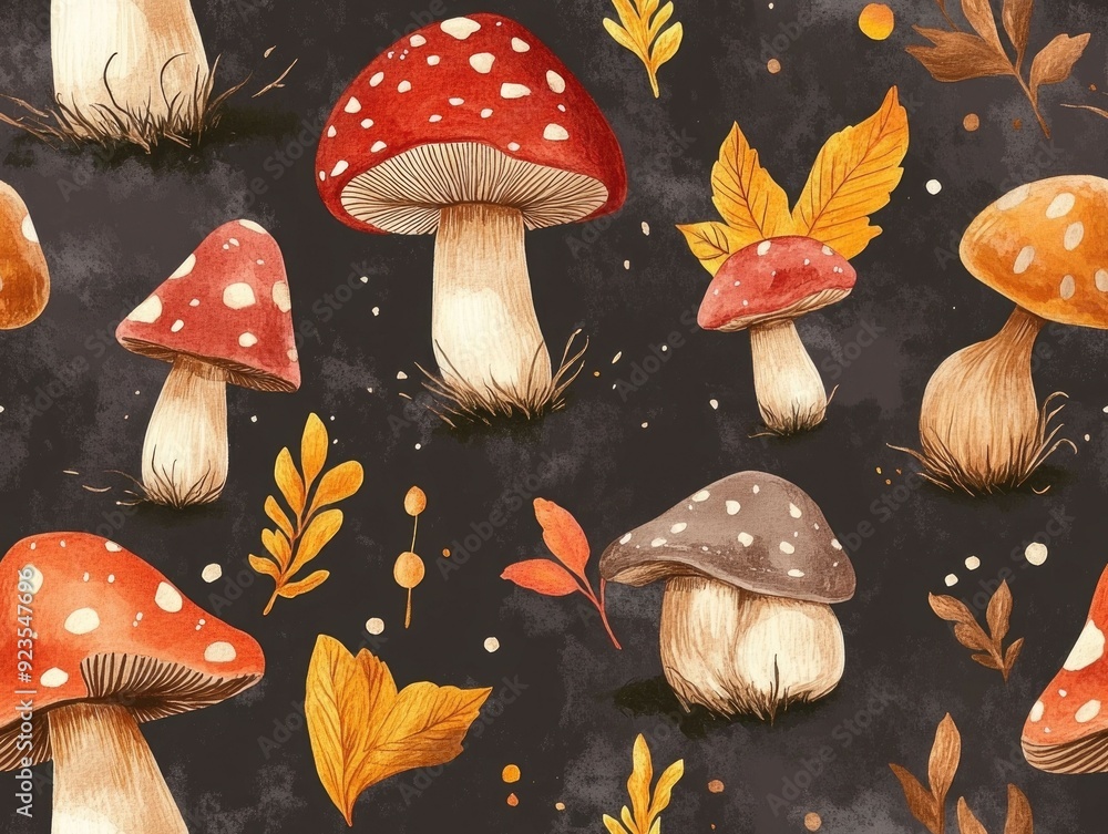 Poster seamless pattern featuring a whimsical and rustic design of charming mushrooms and toadstools in coz
