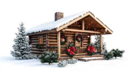Decorated log cabin Christmas transparent background