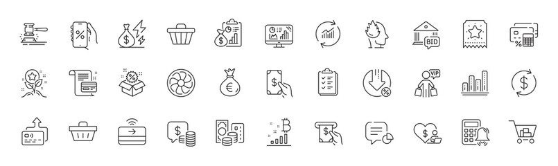 Card, Electricity price and Usd exchange line icons. Pack of Volunteer, Sale, Fan engine icon. Analytics graph, Atm service, Graph chart pictogram. Money bag, Statistic, Credit card. Vector