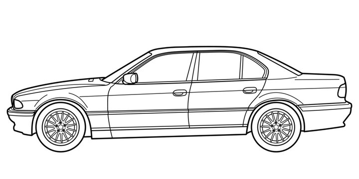 Ivano-Frankivsk, Ukraine - 11 Aug 2024: Outline drawing of a BMW E38 7 series classic exetive busines car, sedane car from side view. Vector doodle illustration
