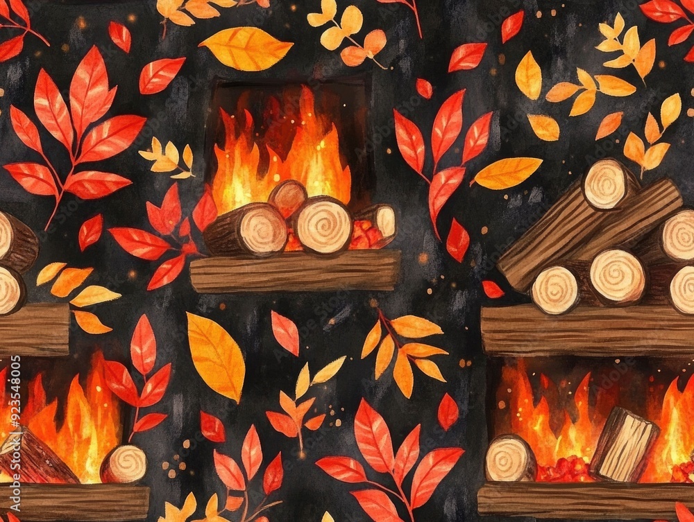 Poster seamless digital pattern design featuring a cozy autumn fireplace scene with crackling logs and warm