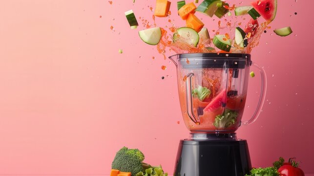 Blender mixer at work with fruit slices flying around in air isolated over plain background.