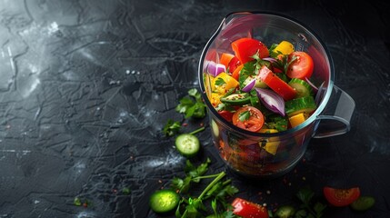 Closeup view of fruit slices inside a blender mixer cup