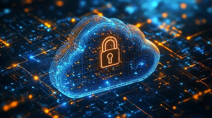 Abstract illustration of cloud security services, stylized cloud icon integrated with a secure padlock symbol, representing data protection and cybersecurity in cloud computing environments.