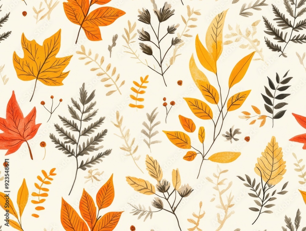 Poster seamless repeating pattern with hand drawn fall foliage and ferns in soft muted tones a cozy detaile