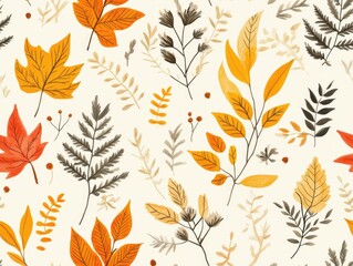 Seamless repeating pattern with hand drawn fall foliage and ferns in soft muted tones  A cozy detailed and serene autumn inspired design perfect for backgrounds wallpapers and surface pattern