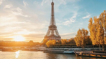 Sunset View of the Eiffel Tower in Autumn