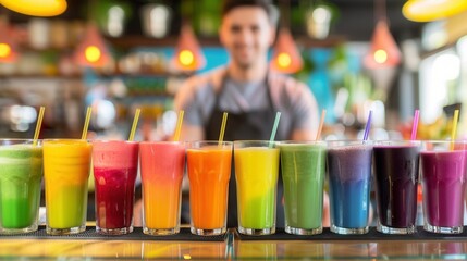 Colorful fresh fruit juice drink in a row on table in a fruit drink store