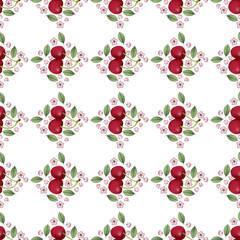red cherry fruit seamless pattern with flower, leaf illustration on transparent background for wallpaper, fabric design, textile, etc