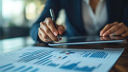 Entrepreneur reviewing analytics on a tablet, showcasing data-driven decision-making for business productivity