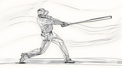Continuous Line Drawing of Baseball Player Hitting Home Run in 3D Minimalist Art