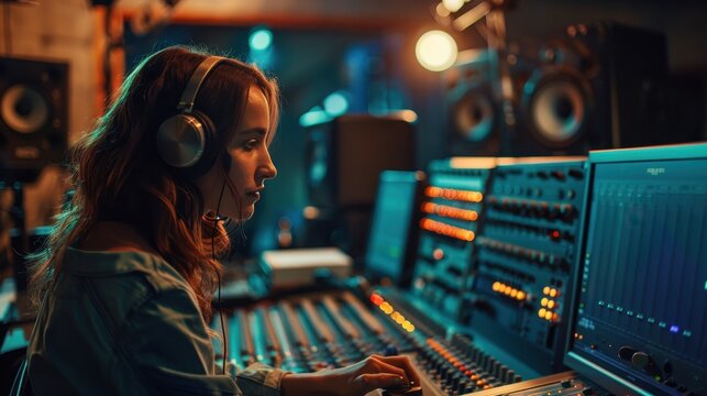 A young woman adjusts audio levels on sound equipment in a dimly lit studio